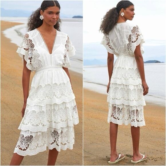 Farm Rio Dresses & Skirts - FARM Rio Richelieu Tiered Lace Midi Dress XL White Cotton Boho Embroidered